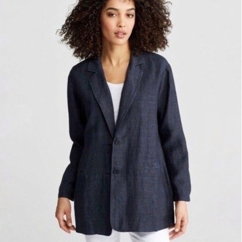 Eileen Fisher | Navy Linen Longline Oversized Blazer Jacket M 100% Organic Linen